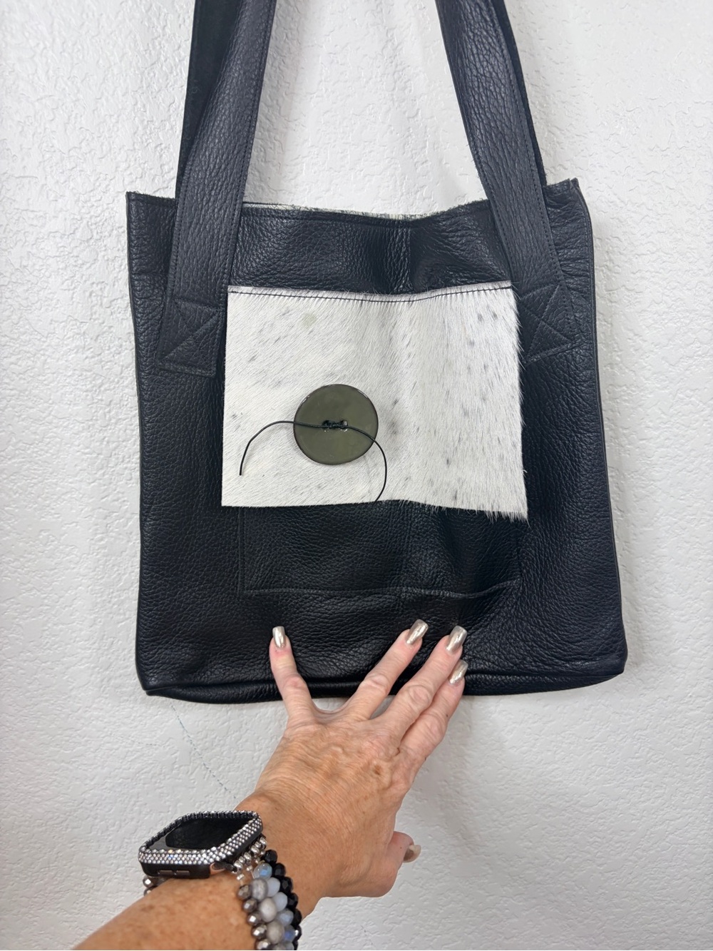RENE DOMINO Artisan Black and White Leather Tote Bag with Calf Hair Front Panel - Picture 5 of 9